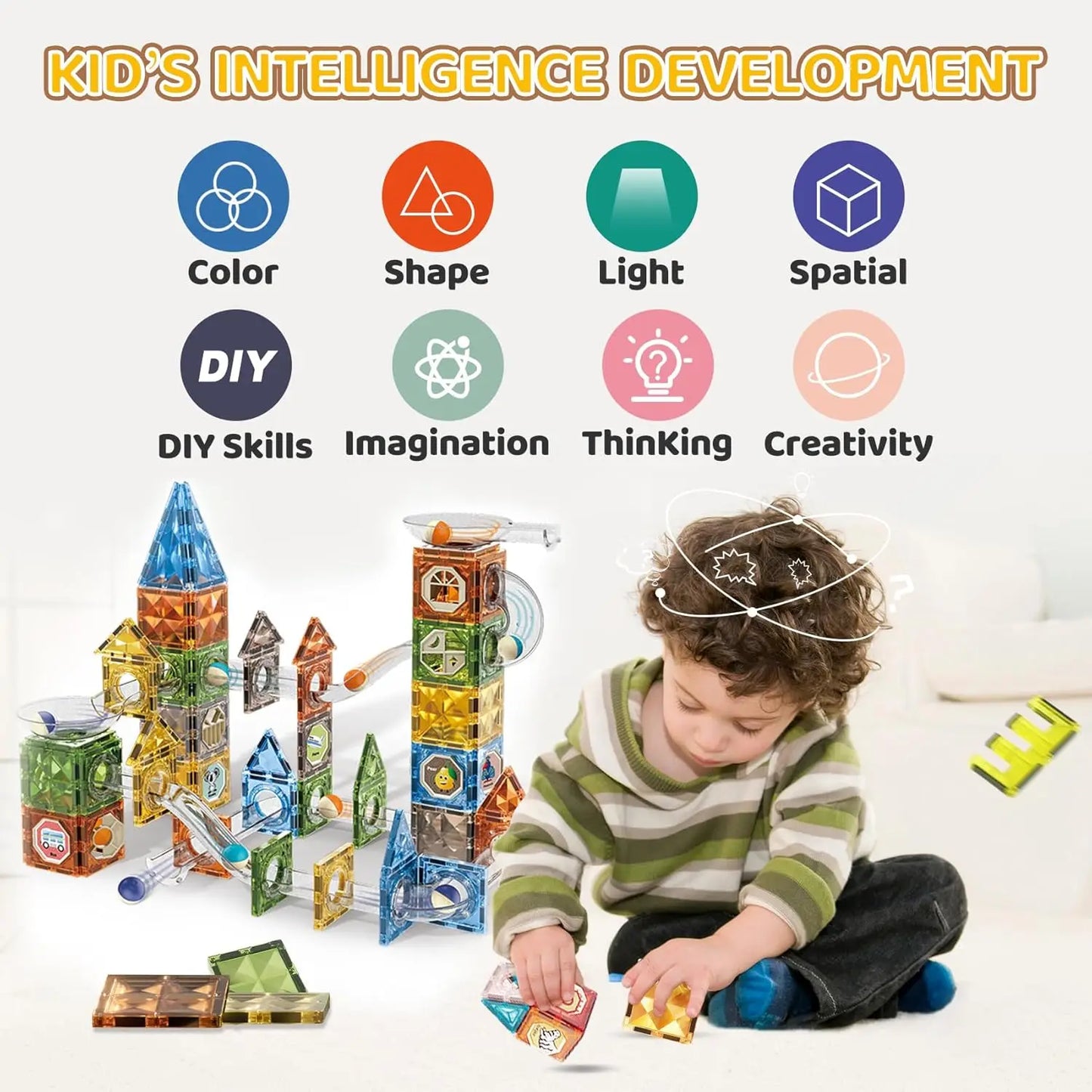 Magnetic Marble Run Building Blocks with Colorful Magna Tiles