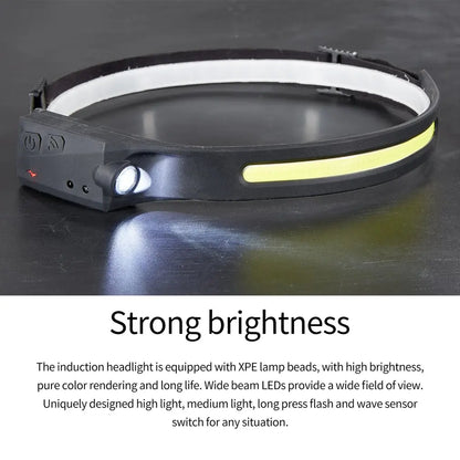 Bright COB 2024 Hand Sensor Headlamp: Multifunctional USB Rechargeable LED Flashlight for Outdoor Adventures and Night Activities