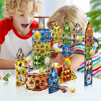 Magnetic Marble Run Building Blocks with Colorful Magna Tiles