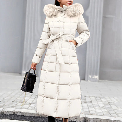 Hooded Lace-Up Long Cotton Jacket with Wool Collar for Women